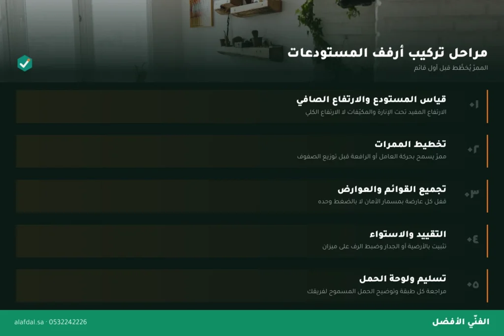 تركيب أرفف المستودعات مراحل العمل بالرياض — الفنّي الأفضل